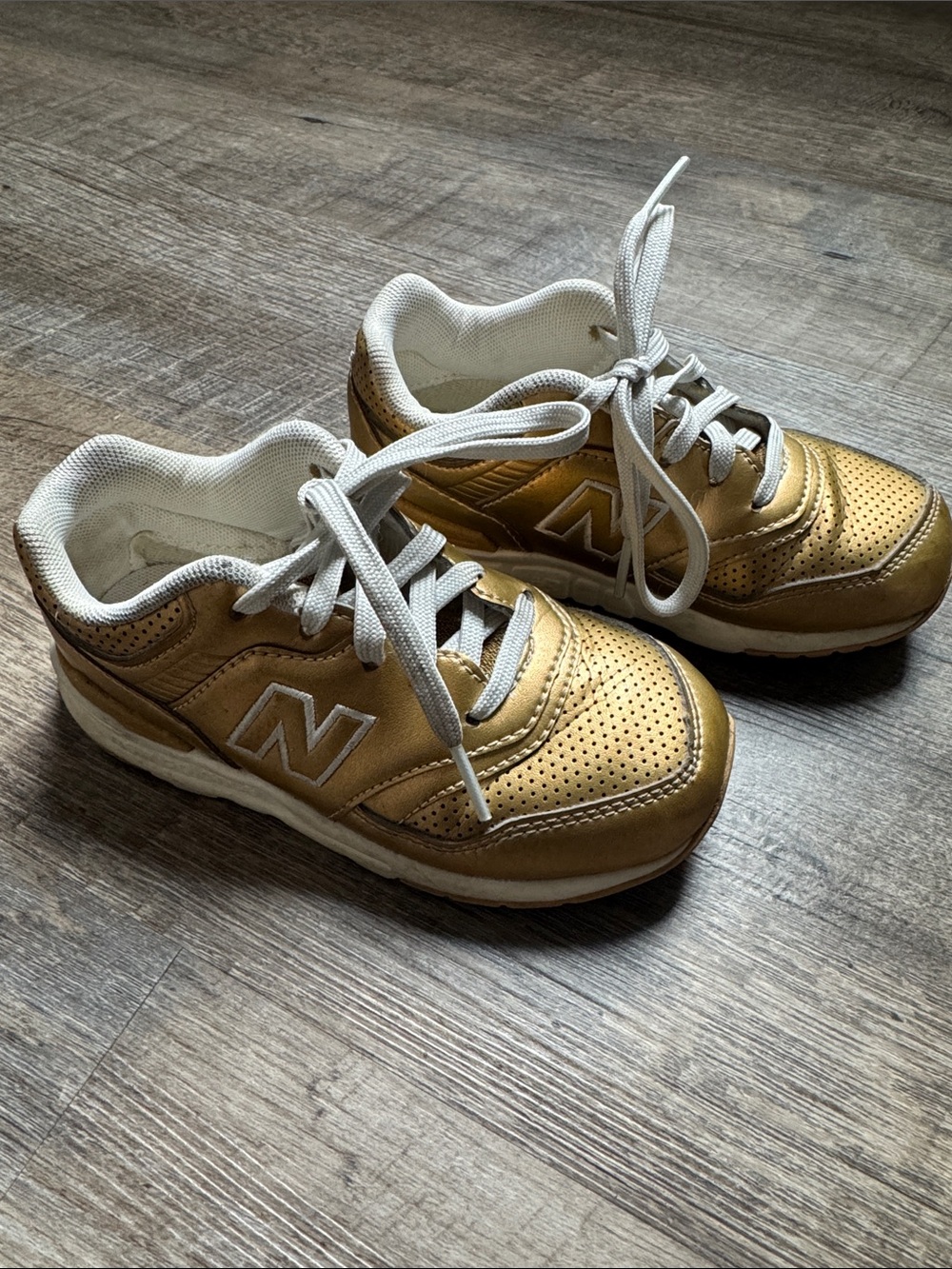 New Balance Kids Metallic Gold and White Sneakers